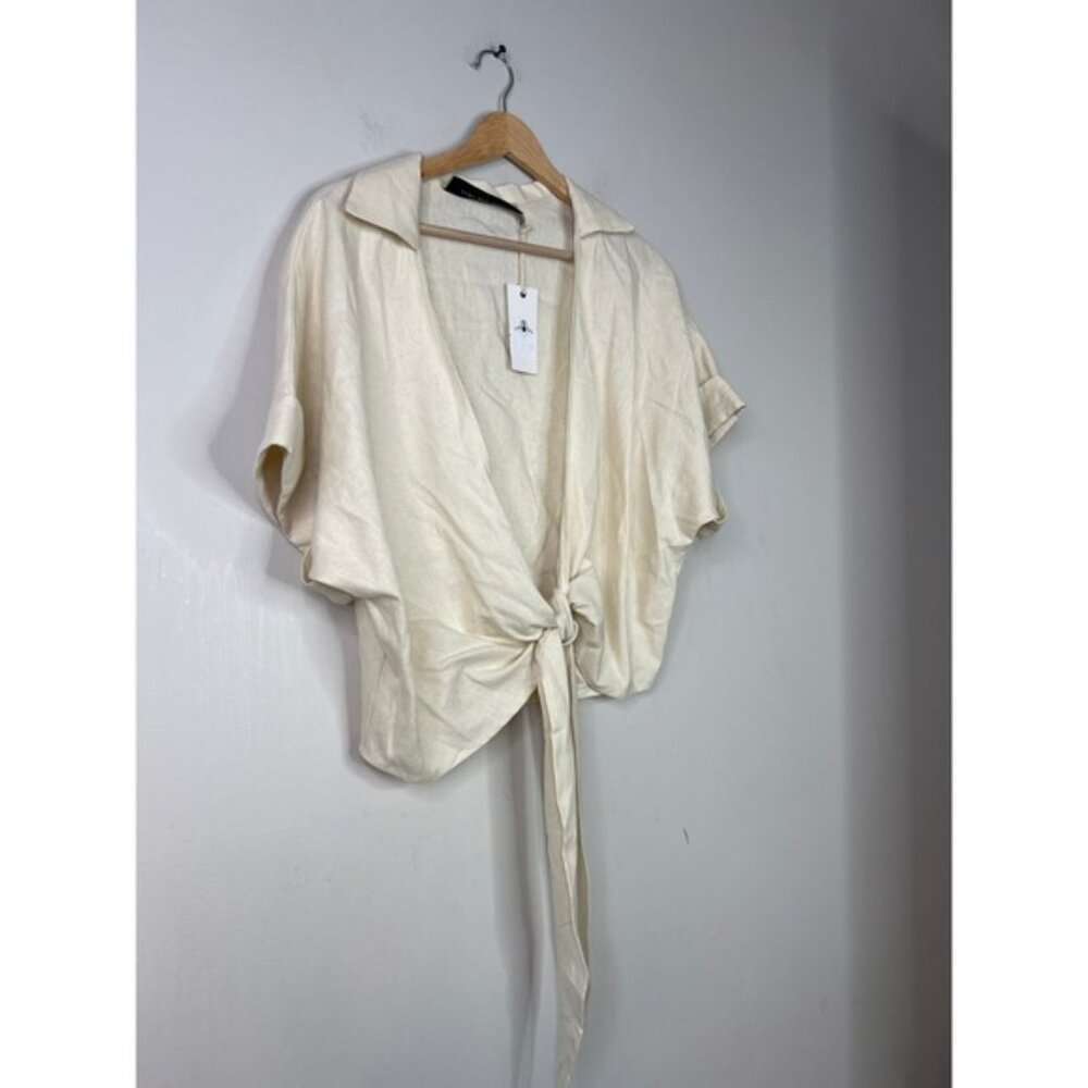 NWT Just Bee Queen Lightweight Linen Deep V-Neck Chiara Top Cream Size: Small - Picture 4 of 10